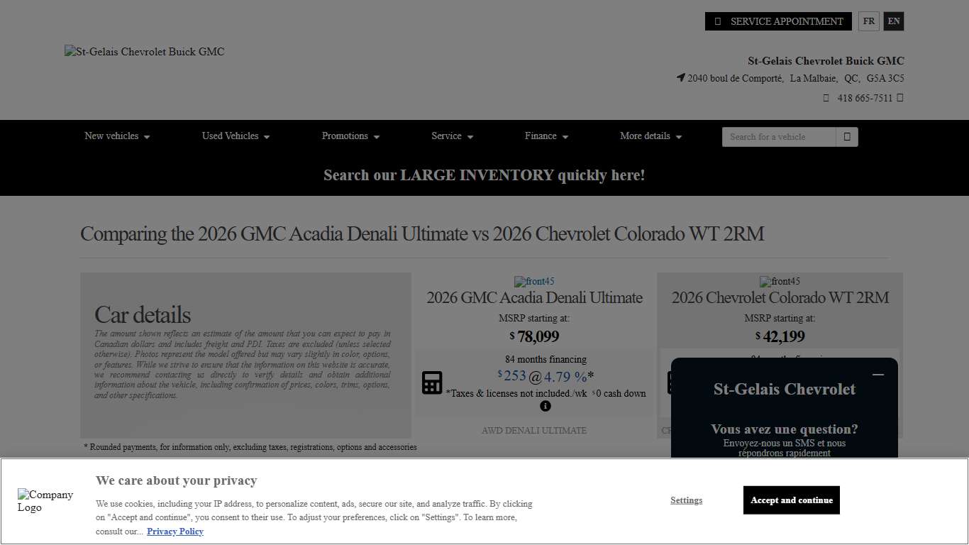 Comparing the 2026 GMC Acadia Denali Ultimate vs Chevrolet Colorado WT 2RM 2026 at St-Gelais Chevrolet Buick GMC in La Malbaie.