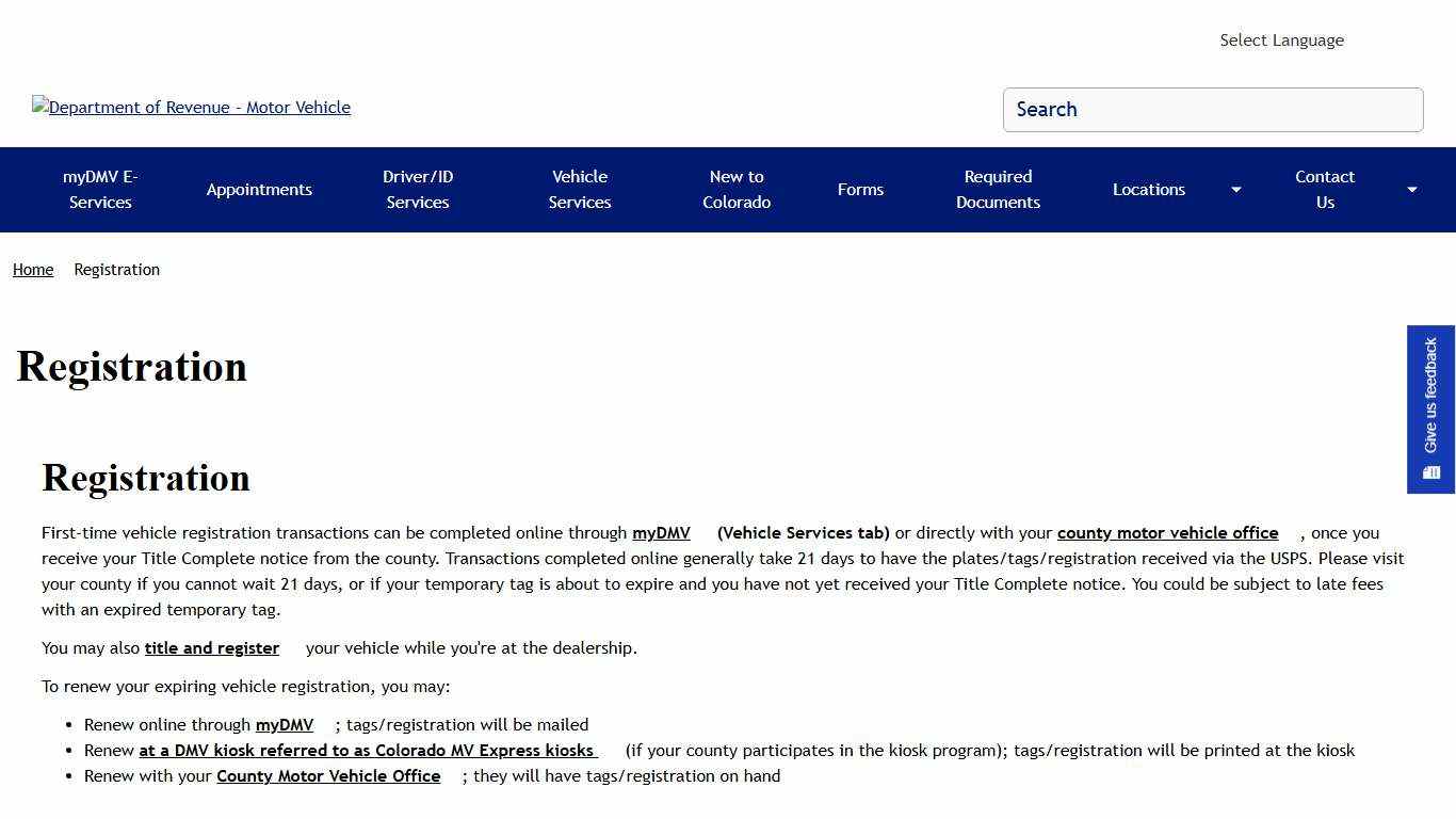 Registration Department of Revenue - Motor Vehicle